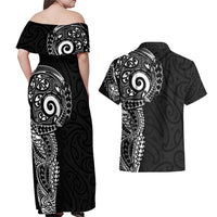 New Zealand Maori Koru Art Traditional Tattoo Couples Matching Off Shoulder Maxi Dress and Hawaiian Shirt Simple Style