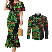 New Zealand Koru Plants and Pohutukawa Couples Matching Mermaid Dress and Long Sleeve Button Shirt Maori Tattoo Pattern