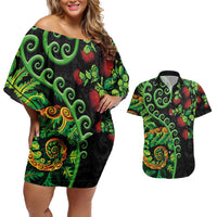 New Zealand Koru Plants and Pohutukawa Couples Matching Off Shoulder Short Dress and Hawaiian Shirt Maori Tattoo Pattern