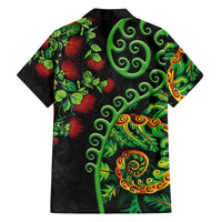 New Zealand Koru Plants and Pohutukawa Family Matching Off The Shoulder Long Sleeve Dress and Hawaiian Shirt Maori Tattoo Pattern
