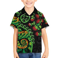 New Zealand Koru Plants and Pohutukawa Family Matching Off Shoulder Maxi Dress and Hawaiian Shirt Maori Tattoo Pattern
