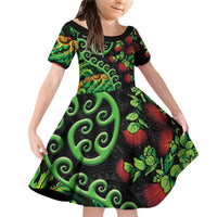 New Zealand Koru Plants and Pohutukawa Family Matching Off Shoulder Short Dress and Hawaiian Shirt Maori Tattoo Pattern
