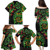 New Zealand Koru Plants and Pohutukawa Family Matching Puletasi and Hawaiian Shirt Maori Tattoo Pattern
