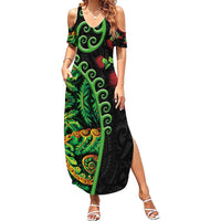 New Zealand Koru Plants and Pohutukawa Family Matching Summer Maxi Dress and Hawaiian Shirt Maori Tattoo Pattern