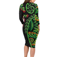 New Zealand Koru Plants and Pohutukawa Long Sleeve Bodycon Dress Maori Tattoo Pattern
