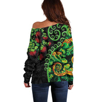 New Zealand Koru Plants and Pohutukawa Off Shoulder Sweater Maori Tattoo Pattern