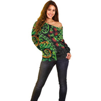 New Zealand Koru Plants and Pohutukawa Off Shoulder Sweater Maori Tattoo Pattern