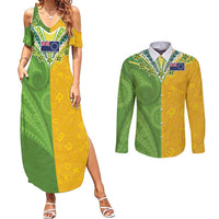 Cook Islands Language Week Couples Matching Summer Maxi Dress and Long Sleeve Button Shirt Tatau Pattern and Rarotongan Alphabet LT03 Green - Polynesian Pride