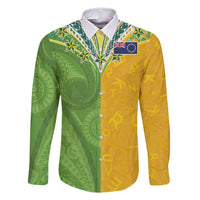Cook Islands Language Week Family Matching Tank Maxi Dress and Hawaiian Shirt Tatau Pattern and Rarotongan Alphabet LT03 Dad's Shirt - Long Sleeve Green - Polynesian Pride