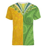 Cook Islands Language Week Women V-Neck T-Shirt Tatau Pattern and Rarotongan Alphabet - Polynesian Pride