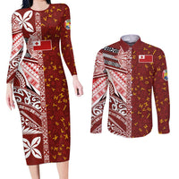 Tonga Language Week Couples Matching Long Sleeve Bodycon Dress and Long Sleeve Button Shirt Ngatu Pattern and Tongan Alphabet LT03 Red - Polynesian Pride