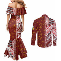 Tonga Language Week Couples Matching Mermaid Dress and Long Sleeve Button Shirt Ngatu Pattern and Tongan Alphabet LT03 - Polynesian Pride