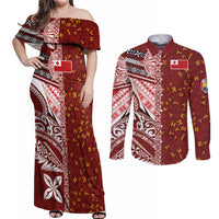 Tonga Language Week Couples Matching Off Shoulder Maxi Dress and Long Sleeve Button Shirt Ngatu Pattern and Tongan Alphabet LT03 Red - Polynesian Pride