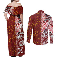 Tonga Language Week Couples Matching Off Shoulder Maxi Dress and Long Sleeve Button Shirt Ngatu Pattern and Tongan Alphabet LT03 - Polynesian Pride