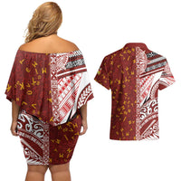 Tonga Language Week Couples Matching Off Shoulder Short Dress and Hawaiian Shirt Ngatu Pattern and Tongan Alphabet LT03 - Polynesian Pride