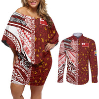 Tonga Language Week Couples Matching Off Shoulder Short Dress and Long Sleeve Button Shirt Ngatu Pattern and Tongan Alphabet LT03 Red - Polynesian Pride