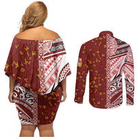 Tonga Language Week Couples Matching Off Shoulder Short Dress and Long Sleeve Button Shirt Ngatu Pattern and Tongan Alphabet LT03 - Polynesian Pride