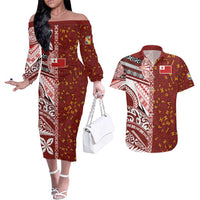 Tonga Language Week Couples Matching Off The Shoulder Long Sleeve Dress and Hawaiian Shirt Ngatu Pattern and Tongan Alphabet LT03 Red - Polynesian Pride