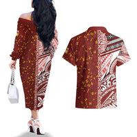 Tonga Language Week Couples Matching Off The Shoulder Long Sleeve Dress and Hawaiian Shirt Ngatu Pattern and Tongan Alphabet LT03 - Polynesian Pride