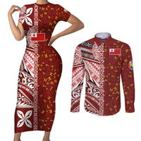 Tonga Language Week Couples Matching Short Sleeve Bodycon Dress and Long Sleeve Button Shirt Ngatu Pattern and Tongan Alphabet LT03 Red - Polynesian Pride