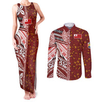 Tonga Language Week Couples Matching Tank Maxi Dress and Long Sleeve Button Shirt Ngatu Pattern and Tongan Alphabet LT03 Red - Polynesian Pride