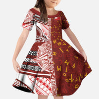 Tonga Language Week Family Matching Off The Shoulder Long Sleeve Dress and Hawaiian Shirt Ngatu Pattern and Tongan Alphabet LT03 Daughter's Dress Red - Polynesian Pride