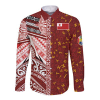 Tonga Language Week Long Sleeve Button Shirt Ngatu Pattern and Tongan Alphabet LT03 Unisex Red - Polynesian Pride