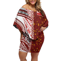 Tonga Language Week Off Shoulder Short Dress Ngatu Pattern and Tongan Alphabet - Polynesian Pride