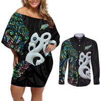 New Zealand Couples Matching Off Shoulder Short Dress and Long Sleeve Button Shirts Silver Fern and Manaia with Papua Shell Maori Tribal LT03 White - Polynesian Pride
