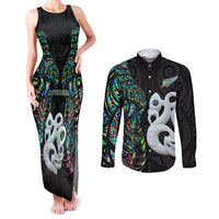 New Zealand Couples Matching Tank Maxi Dress and Long Sleeve Button Shirts Silver Fern and Manaia with Papua Shell Maori Tribal LT03 White - Polynesian Pride