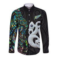 New Zealand Long Sleeve Button Shirt Silver Fern and Manaia with Papua Shell Maori Tribal LT03 Unisex White - Polynesian Pride