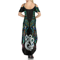 Custom New Zealand Summer Maxi Dress Silver Fern and Manaia with Papua Shell Maori Tribal LT03 - Polynesian Pride