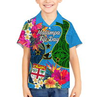 Personalised Malampa Fiji Day Family Matching Off Shoulder Maxi Dress and Hawaiian Shirt Tropical Plants Mix Polynesian and Tapa Pattern LT03 Son's Shirt Blue - Polynesian Pride