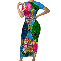 Personalised Malampa Fiji Day Family Matching Short Sleeve Bodycon Dress and Hawaiian Shirt Tropical Plants Mix Polynesian and Tapa Pattern LT03 Mom's Dress Blue - Polynesian Pride