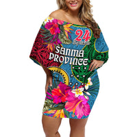 Personalised Sanma Day Off Shoulder Short Dress Proud To Be A Ni-Van Beauty Pacific Flower LT03 Women Blue - Polynesian Pride