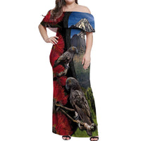 New Zealand Kea And Pohutukawa Off Shoulder Maxi Dress With The Mountain Landscape