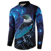 New Zealand Tui Bird Button Sweatshirt The Pleiades Star Cluster and Koru Tribal Tattoo Galaxy Vibe