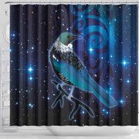 New Zealand Tui Bird Shower Curtain The Pleiades Star Cluster and Koru Tribal Tattoo Galaxy Vibe