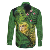 New Zealand Kākāpō Family Matching Off Shoulder Maxi Dress and Hawaiian Shirt Silver Fern with Close up of Green Fern Leaves and Maori Tattoo
