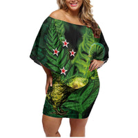 New Zealand Kākāpō Family Matching Off Shoulder Short Dress and Hawaiian Shirt Silver Fern with Close up of Green Fern Leaves and Maori Tattoo