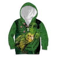New Zealand Kākāpō Kid Hoodie Silver Fern with Close up of Green Fern Leaves and Maori Tattoo