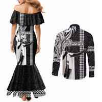 Hawaii Lanai Island Couples Matching Mermaid Dress and Long Sleeve Button Shirts Hawaiian King and Kakau Symbols Abstract Shoulder Tattoo LT03 - Polynesian Pride