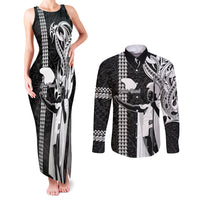 Hawaii Lanai Island Couples Matching Tank Maxi Dress and Long Sleeve Button Shirts Hawaiian King and Kakau Symbols Abstract Shoulder Tattoo LT03 Black - Polynesian Pride