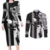 Custom Hawaii Lanai Island Couples Matching Long Sleeve Bodycon Dress and Long Sleeve Button Shirts Hawaiian King and Kakau Symbols Abstract Shoulder Tattoo LT03 Black - Polynesian Pride