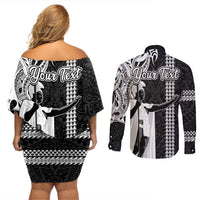 Custom Hawaii Lanai Island Couples Matching Off Shoulder Short Dress and Long Sleeve Button Shirts Hawaiian King and Kakau Symbols Abstract Shoulder Tattoo LT03 - Polynesian Pride