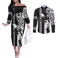 Custom Hawaii Lanai Island Couples Matching Off The Shoulder Long Sleeve Dress and Long Sleeve Button Shirts Hawaiian King and Kakau Symbols Abstract Shoulder Tattoo LT03 Black - Polynesian Pride