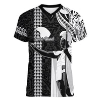 Custom Hawaii Lanai Island Women V Neck T Shirt Hawaiian King and Kakau Symbols Abstract Shoulder Tattoo LT03 Female Black - Polynesian Pride