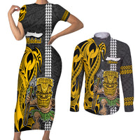 Hawaii Molokai Island Couples Matching Short Sleeve Bodycon Dress and Long Sleeve Button Shirts Hawaiian Warrior and Kakau Symbols Abstract Tattoo LT03 Yellow - Polynesian Pride