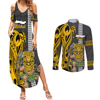 Hawaii Molokai Island Couples Matching Summer Maxi Dress and Long Sleeve Button Shirts Hawaiian Warrior and Kakau Symbols Abstract Tattoo LT03 Yellow - Polynesian Pride
