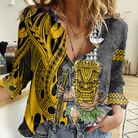 Hawaii Molokai Island Women Casual Shirt Hawaiian Warrior and Kakau Symbols Abstract Tattoo LT03 Female Yellow - Polynesian Pride